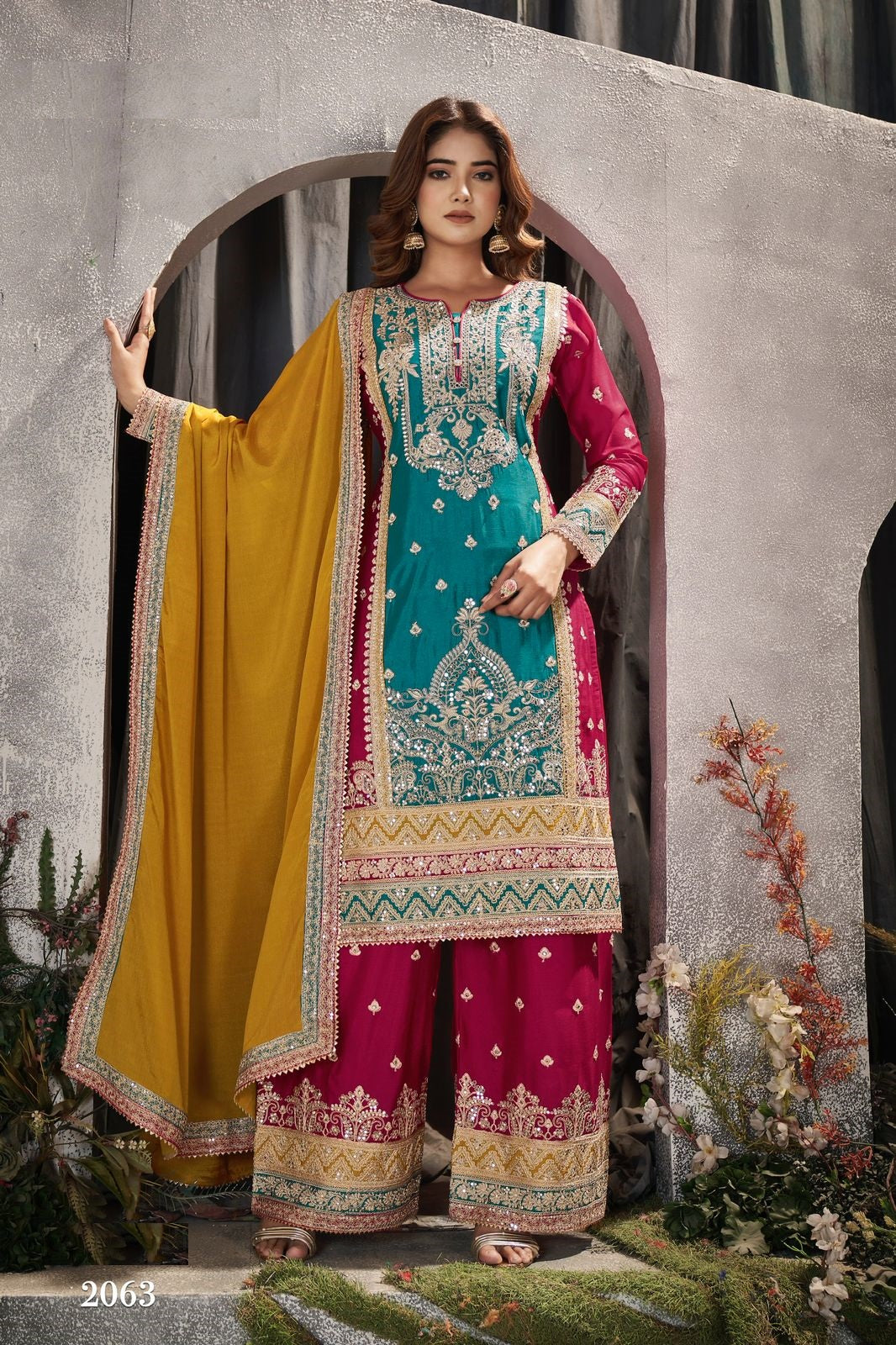 Anaita Teal And Maroon Embroidered Viscose Chinon Salwar Suit | Grocsy