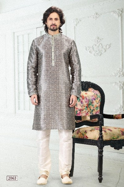 Raivat Ethnic Banarasi Silk Pintux Work Kurta Pajama In Grey Colour | Grocsy