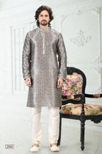 Raivat Ethnic Banarasi Silk Pintux Work Kurta Pajama In Grey Colour | Grocsy