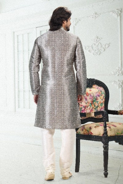 Raivat Ethnic Banarasi Silk Pintux Work Kurta Pajama In Grey Colour | Grocsy