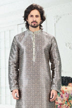 Raivat Ethnic Banarasi Silk Pintux Work Kurta Pajama In Grey Colour | Grocsy