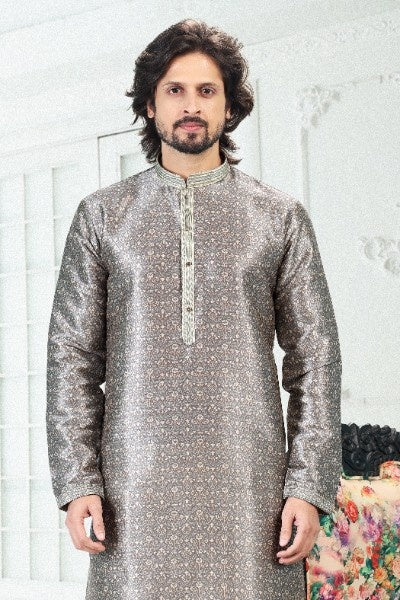 Raivat Ethnic Banarasi Silk Pintux Work Kurta Pajama In Grey Colour | Grocsy