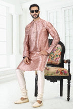 Raivat Ethnic Banarasi Silk Pintux Work Kurta Pajama In Onion Pink Colour | Grocsy