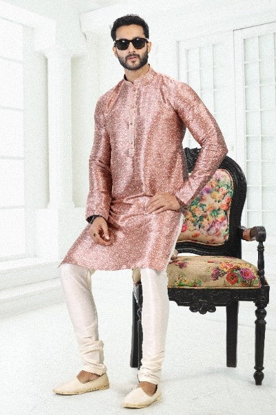 Raivat Ethnic Banarasi Silk Pintux Work Kurta Pajama In Onion Pink Colour | Grocsy