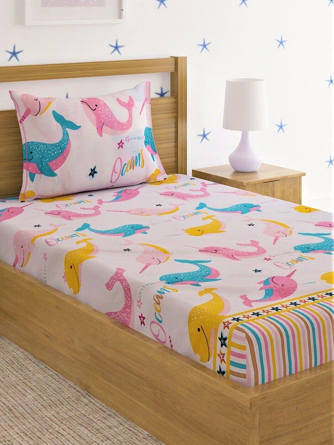 Home Sizzler Pink & White Cartoon Characters 210 TC Single Bedsheet with 1 Pillow Covers | Grocsy