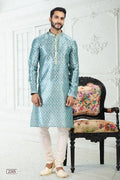 Raivat Ethnic Banarasi Silk Pintux Work Kurta Pajama In Blue Colour | Grocsy