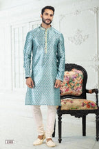 Raivat Ethnic Banarasi Silk Pintux Work Kurta Pajama In Blue Colour | Grocsy