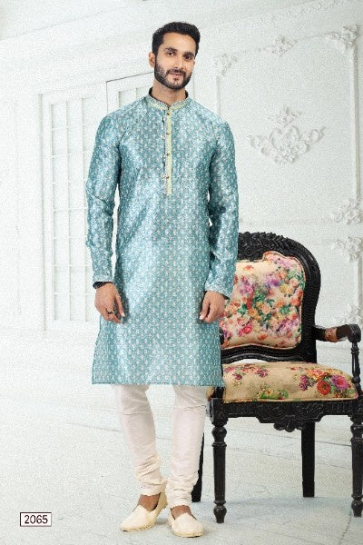 Raivat Ethnic Banarasi Silk Pintux Work Kurta Pajama In Blue Colour | Grocsy