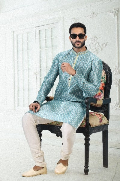Raivat Ethnic Banarasi Silk Pintux Work Kurta Pajama In Blue Colour | Grocsy