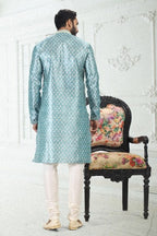 Raivat Ethnic Banarasi Silk Pintux Work Kurta Pajama In Blue Colour | Grocsy