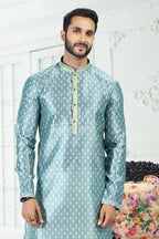 Raivat Ethnic Banarasi Silk Pintux Work Kurta Pajama In Blue Colour | Grocsy