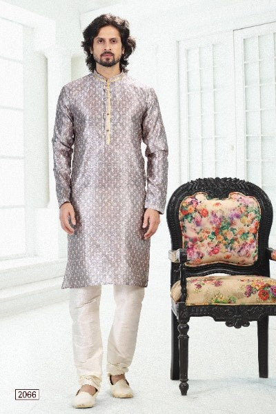 Raivat Ethnic Banarasi Silk Pintux Work Kurta Pajama In Grey Colour | Grocsy