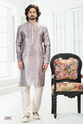 Raivat Ethnic Banarasi Silk Pintux Work Kurta Pajama In Grey Colour | Grocsy