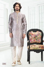 Raivat Ethnic Banarasi Silk Pintux Work Kurta Pajama In Grey Colour | Grocsy
