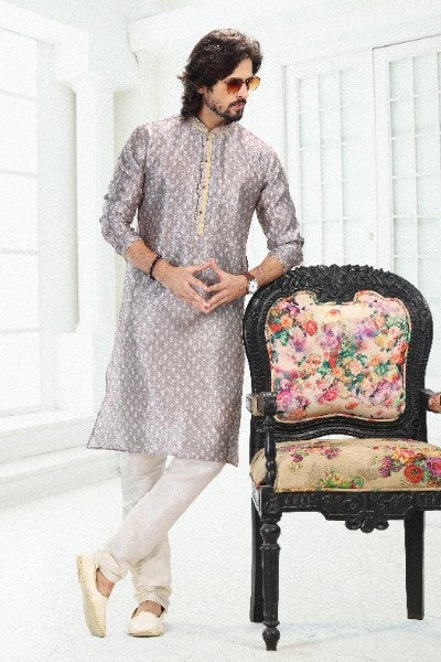 Raivat Ethnic Banarasi Silk Pintux Work Kurta Pajama In Grey Colour | Grocsy