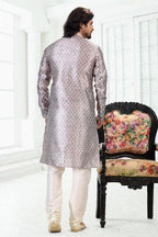 Raivat Ethnic Banarasi Silk Pintux Work Kurta Pajama In Grey Colour | Grocsy