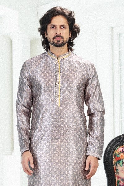 Raivat Ethnic Banarasi Silk Pintux Work Kurta Pajama In Grey Colour | Grocsy