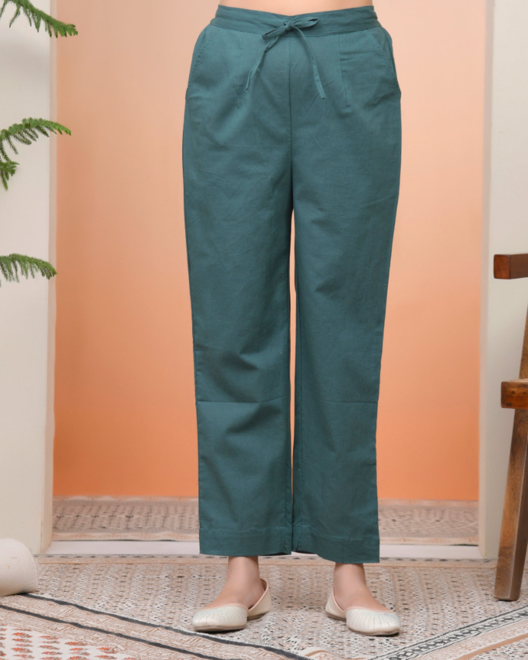 Vaasva Women Ferozi Cotton Flax Solid Straight Pants | Grocsy
