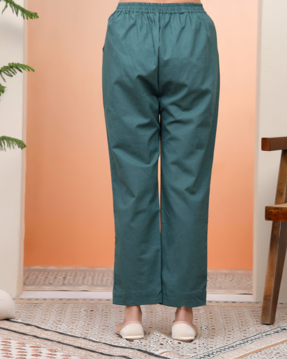 Vaasva Women Ferozi Cotton Flax Solid Straight Pants | Grocsy