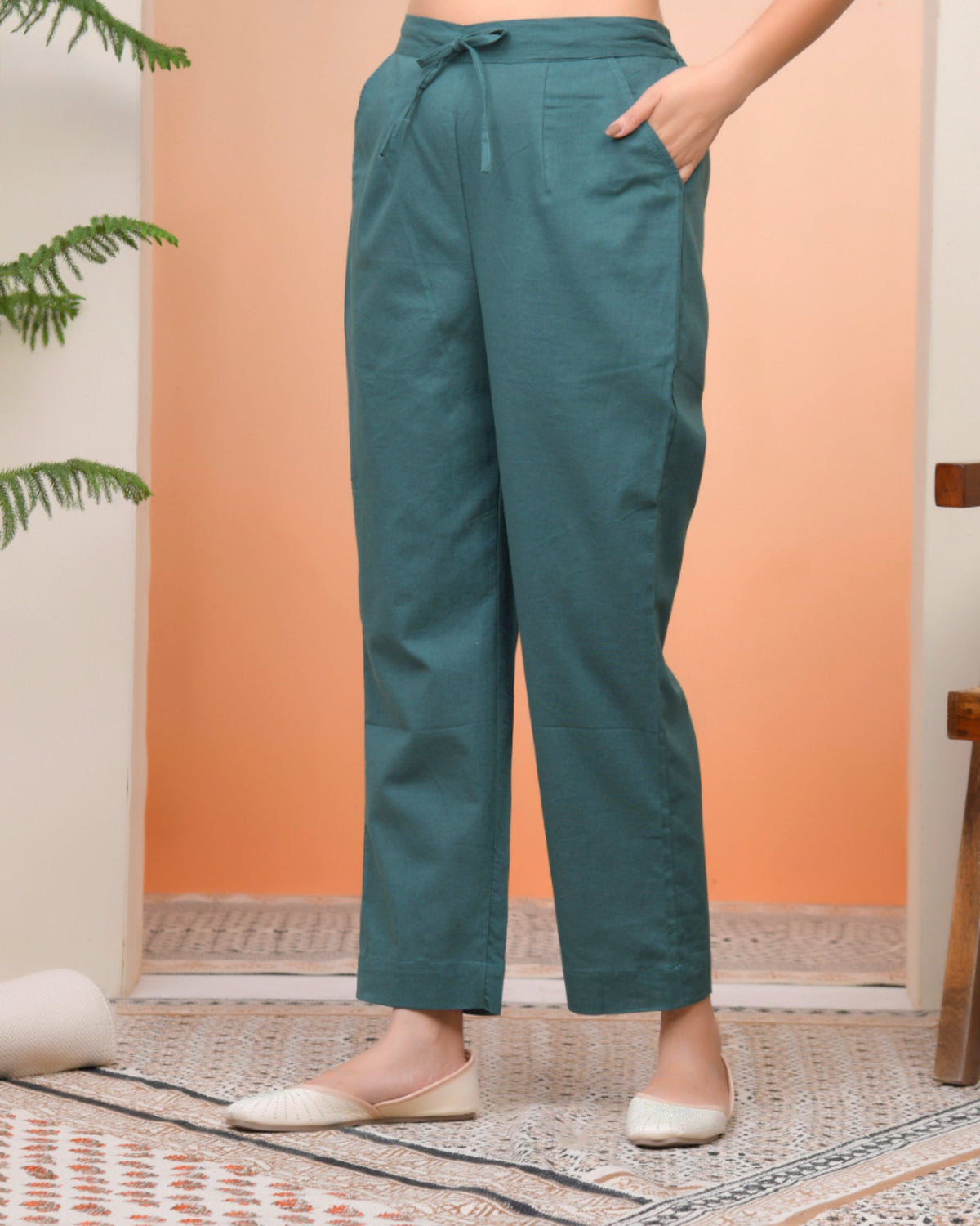 Vaasva Women Ferozi Cotton Flax Solid Straight Pants | Grocsy