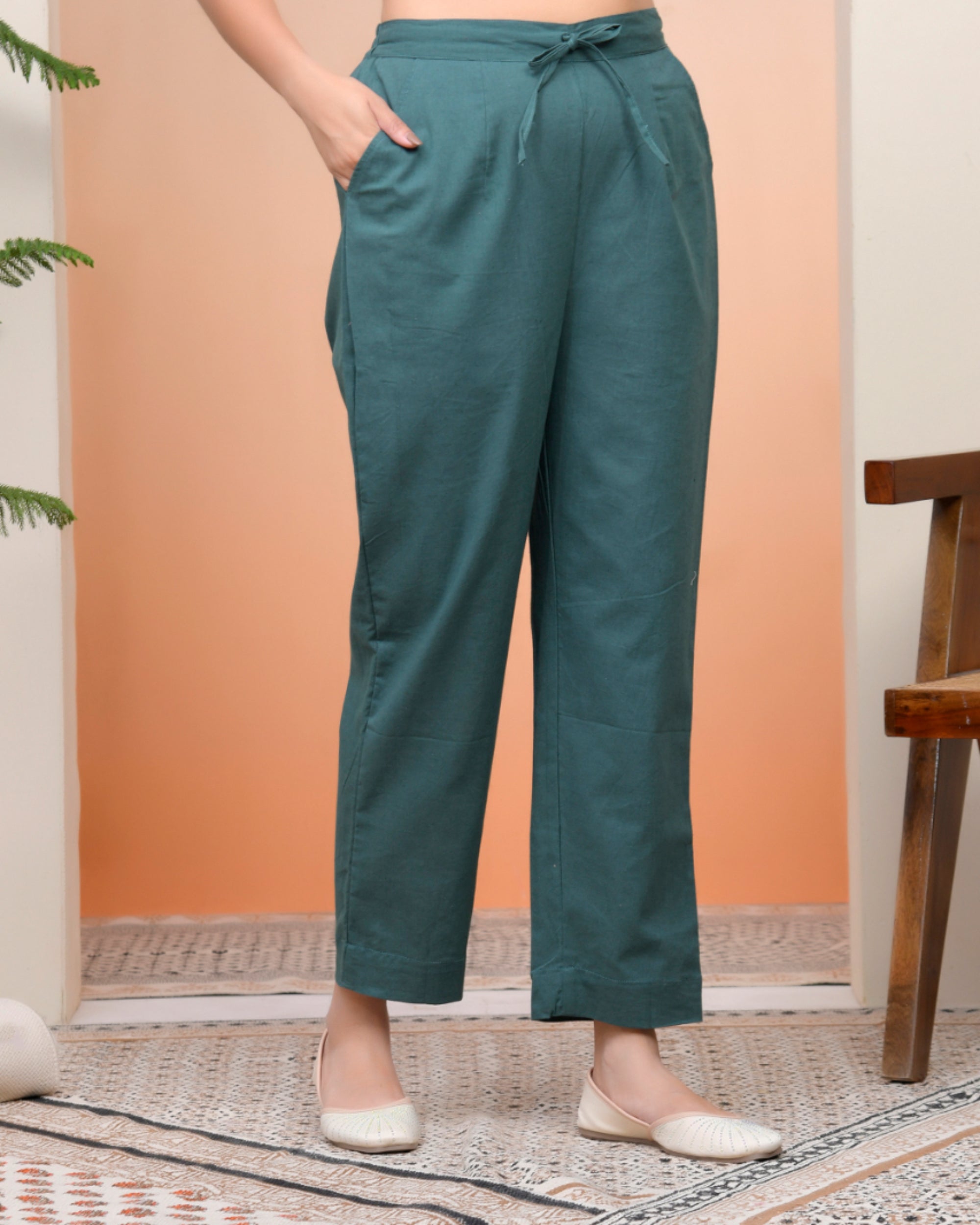 Vaasva Women Ferozi Cotton Flax Solid Straight Pants | Grocsy