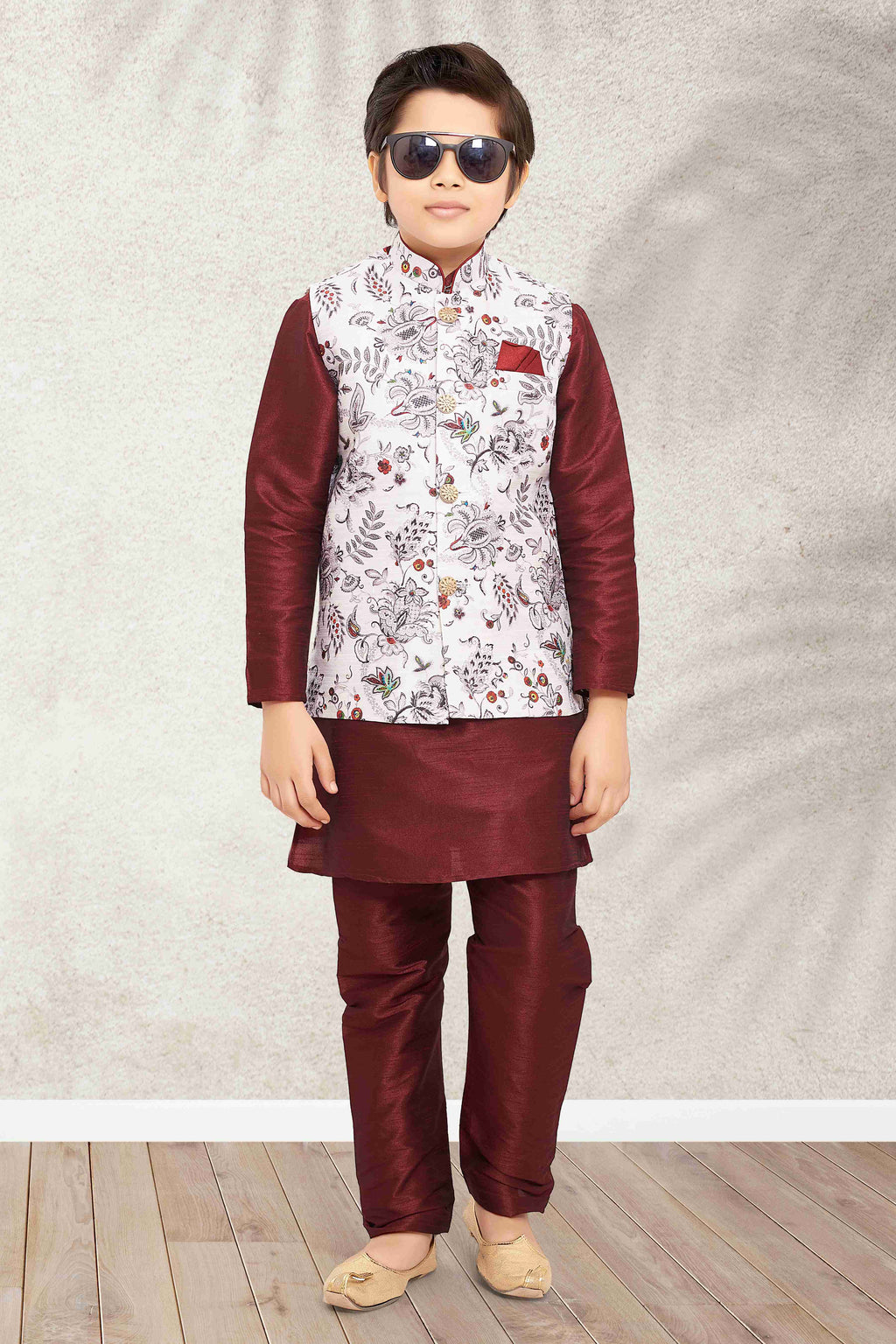 Raivat Ethnic Banarasi Silk Digital Printed Kurta Pajama With Jacket In Off White Colour | Grocsy