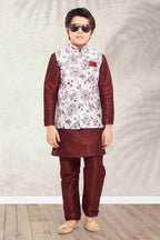 Raivat Ethnic Banarasi Silk Digital Printed Kurta Pajama With Jacket In Off White Colour | Grocsy