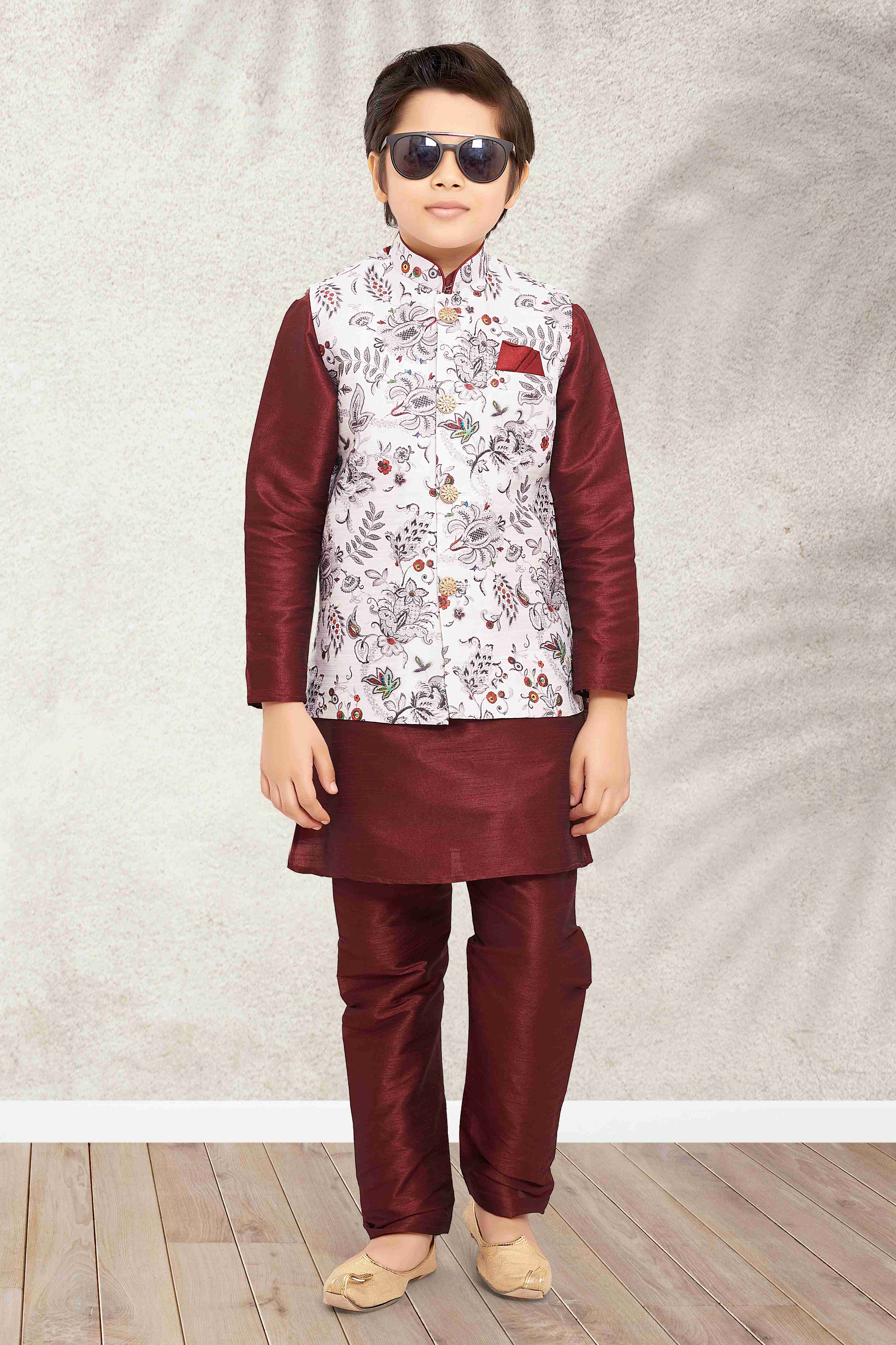 Raivat Ethnic Banarasi Silk Digital Printed Kurta Pajama With Jacket In Off White Colour | Grocsy