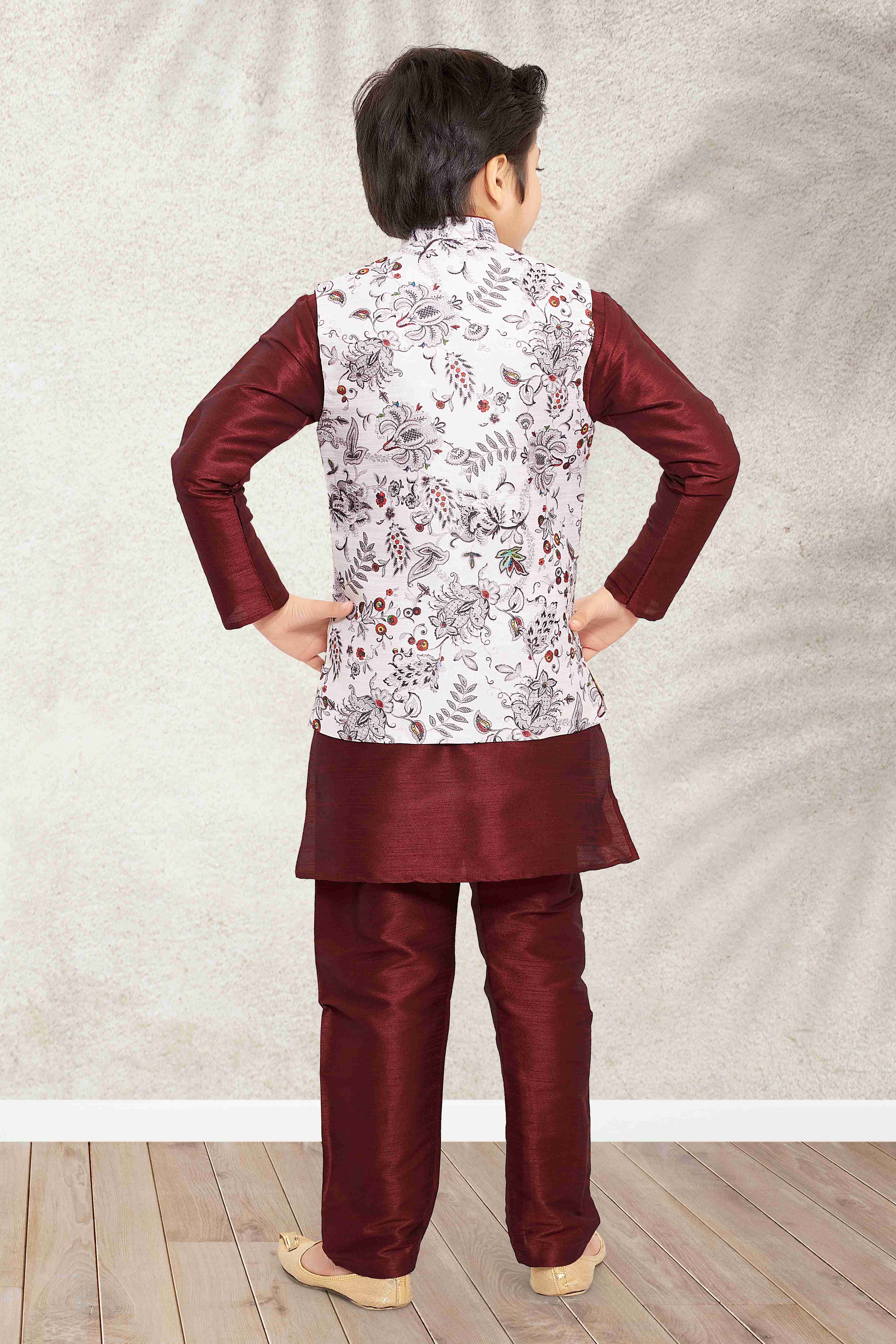Raivat Ethnic Banarasi Silk Digital Printed Kurta Pajama With Jacket In Off White Colour | Grocsy