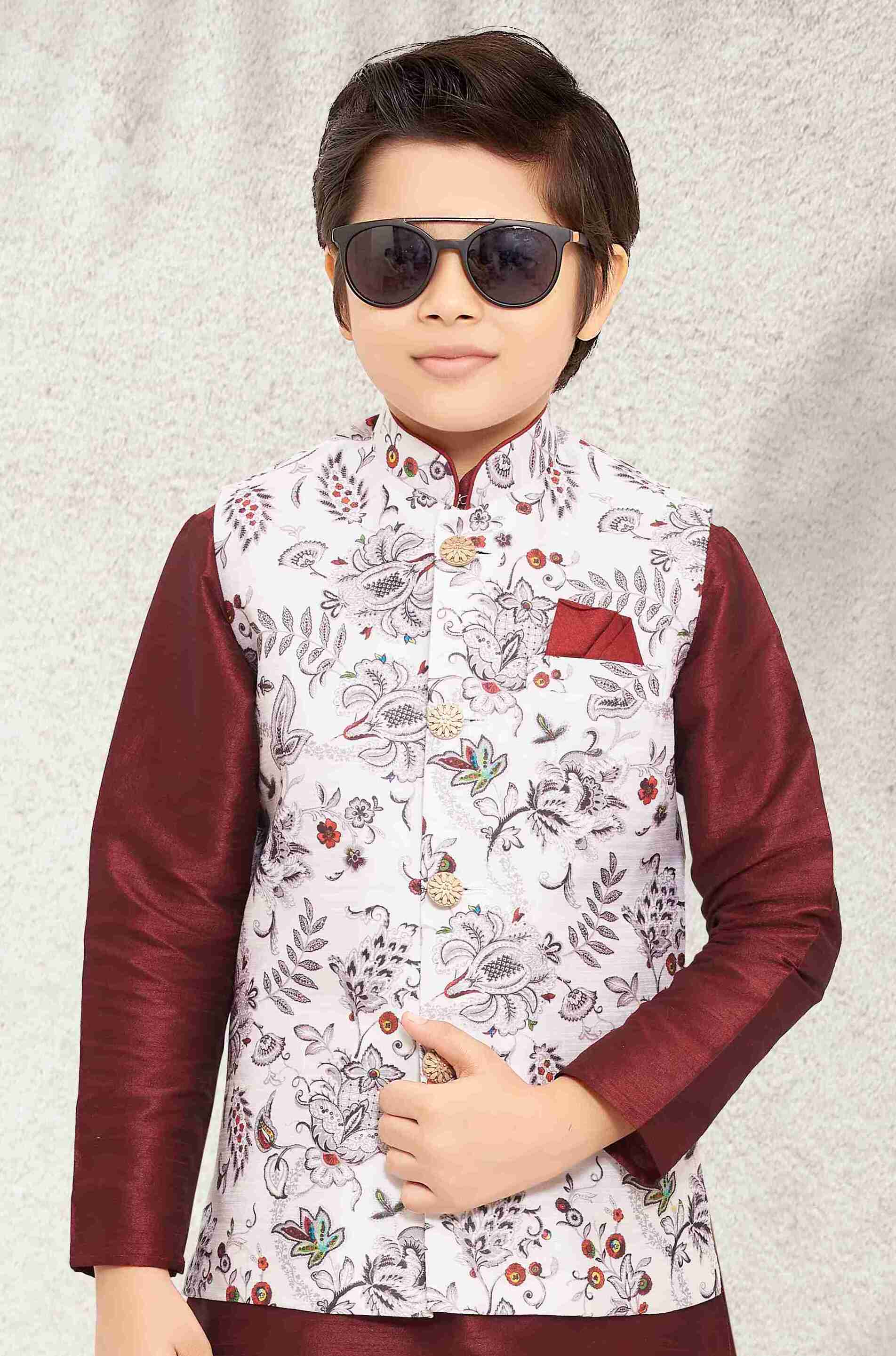 Raivat Ethnic Banarasi Silk Digital Printed Kurta Pajama With Jacket In Off White Colour | Grocsy