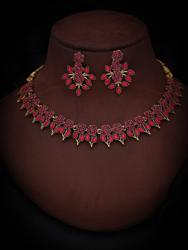 Tehzeeb Creations Pink Colour Gold Pleated Stone Studded Necklace With Earrings | Grocsy