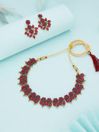 Tehzeeb Creations Pink Colour Gold Pleated Stone Studded Necklace With Earrings | Grocsy