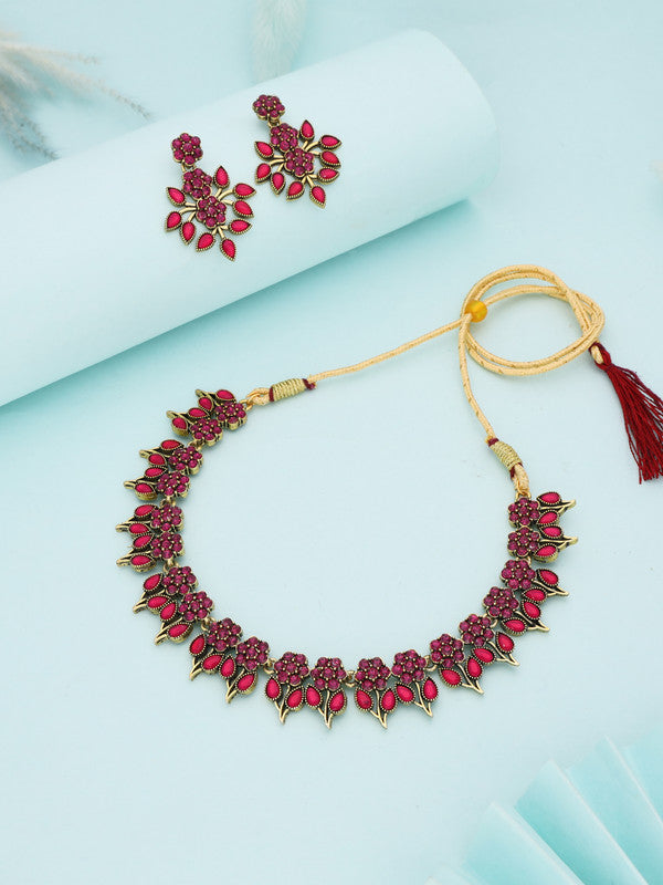 Tehzeeb Creations Pink Colour Gold Pleated Stone Studded Necklace With Earrings | Grocsy