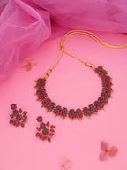 Tehzeeb Creations Pink Colour Gold Pleated Stone Studded Necklace With Earrings | Grocsy