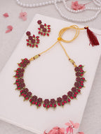 Tehzeeb Creations Pink Colour Gold Pleated Stone Studded Necklace With Earrings | Grocsy