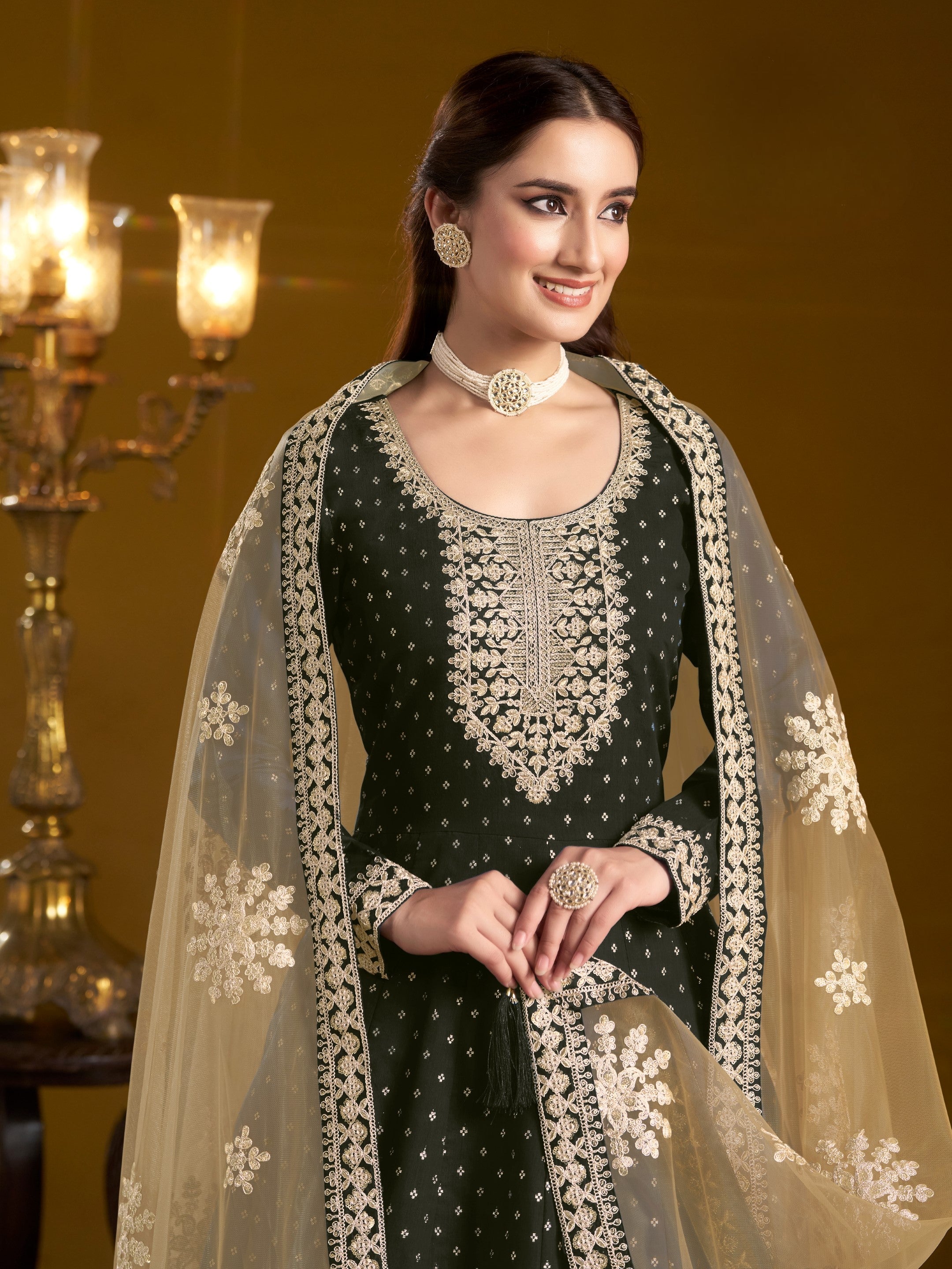 Anaita Black Embroidered Jacquard Chanderi Anarkali Suit | Grocsy
