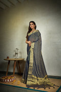 Vardha Indigo Blue Golden Zari Banarasi Chiffon Saree | Grocsy