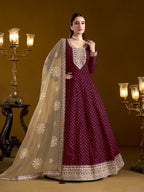 Anaita Purple Embroidered Jacquard Chanderi Anarkali Suit | Grocsy