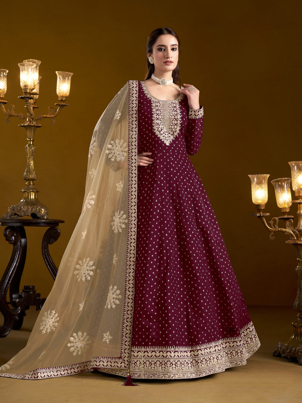 Anaita Purple Embroidered Jacquard Chanderi Anarkali Suit | Grocsy