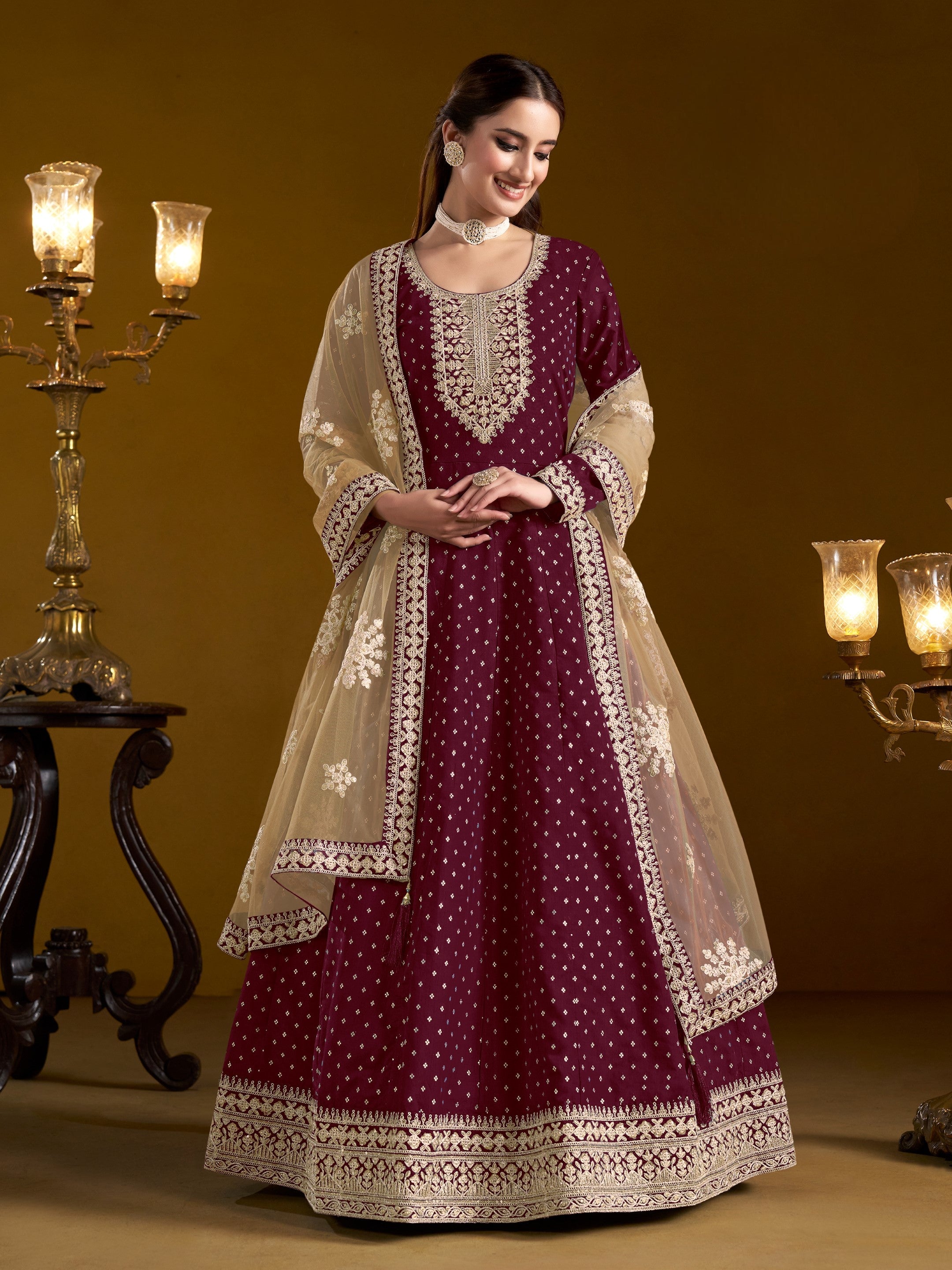 Anaita Purple Embroidered Jacquard Chanderi Anarkali Suit | Grocsy