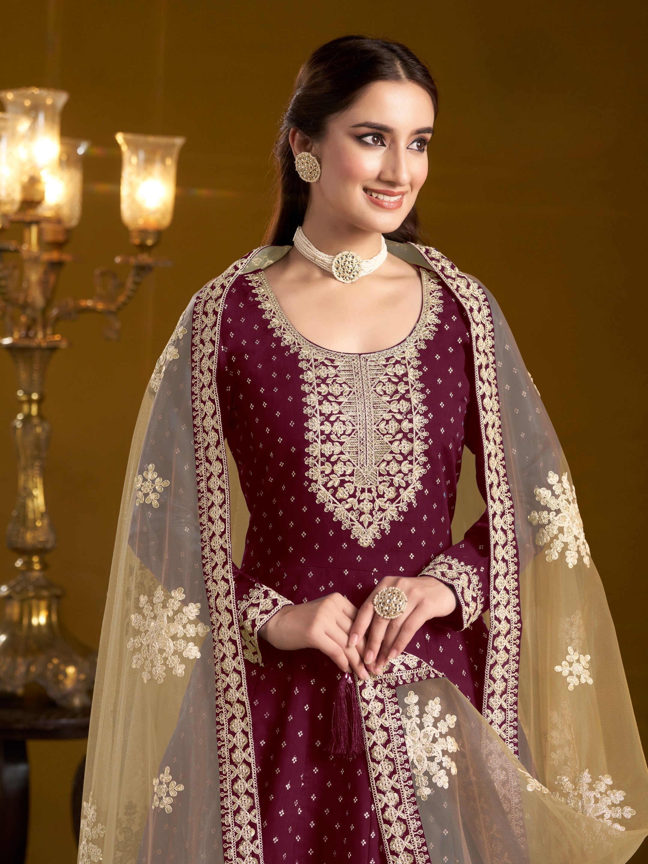 Anaita Purple Embroidered Jacquard Chanderi Anarkali Suit | Grocsy