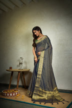 Vardha Indigo Blue Golden Zari Banarasi Chiffon Saree | Grocsy