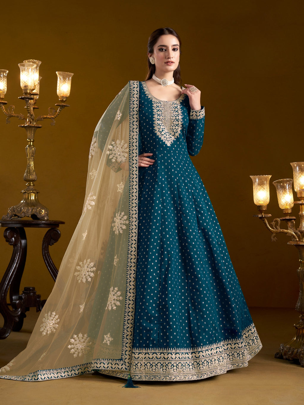 Anaita Teal Embroidered Jacquard Chanderi Anarkali Suit | Grocsy