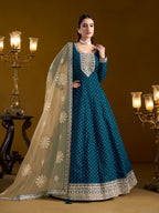 Anaita Teal Embroidered Jacquard Chanderi Anarkali Suit | Grocsy