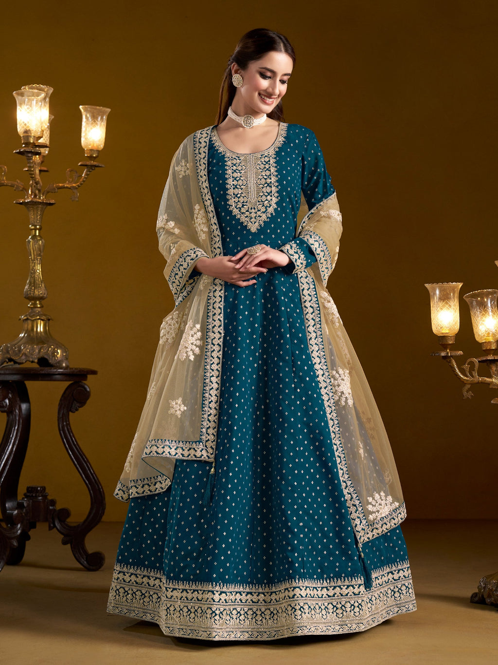 Anaita Teal Embroidered Jacquard Chanderi Anarkali Suit | Grocsy