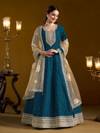 Anaita Teal Embroidered Jacquard Chanderi Anarkali Suit | Grocsy