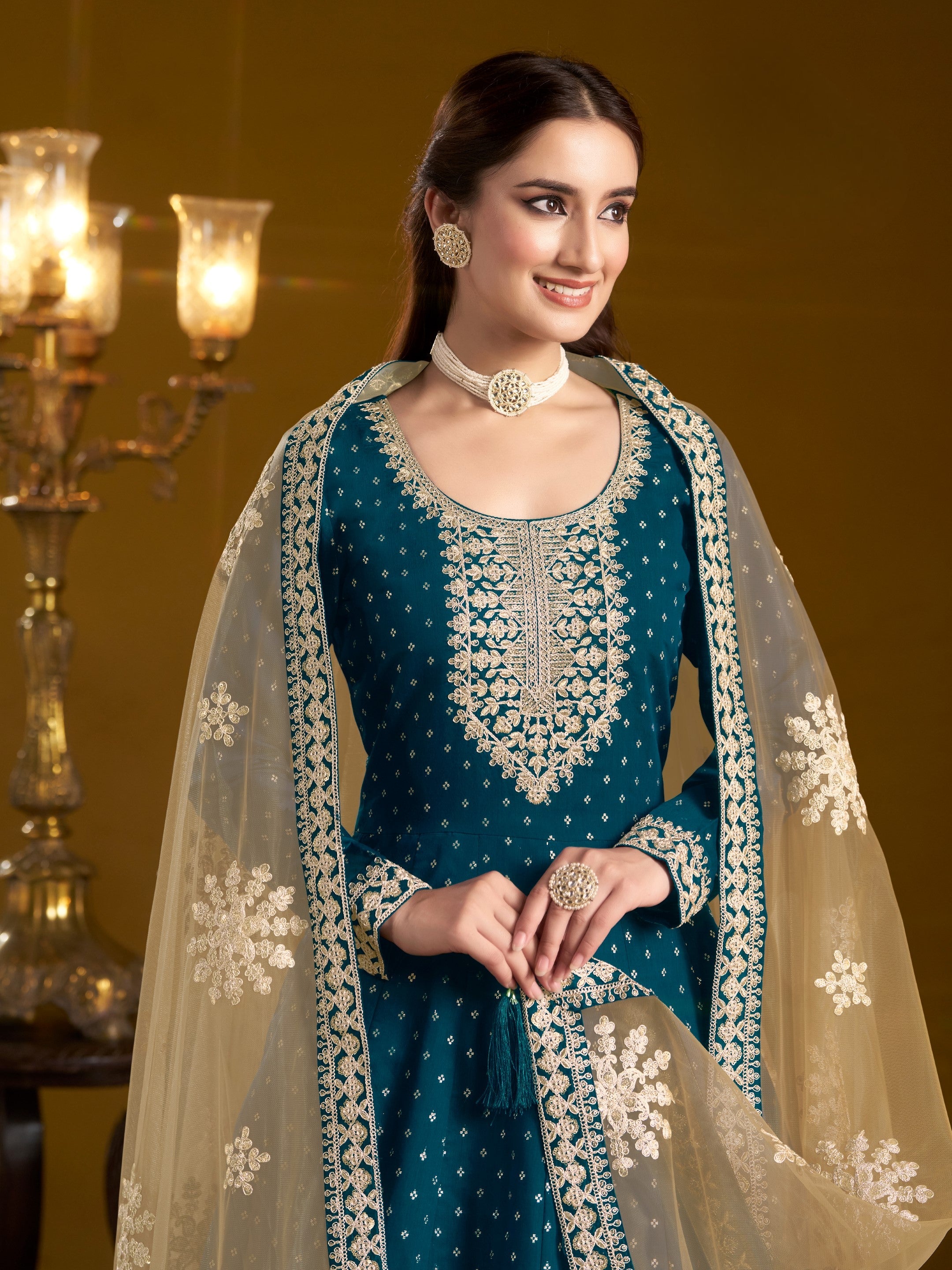 Anaita Teal Embroidered Jacquard Chanderi Anarkali Suit | Grocsy