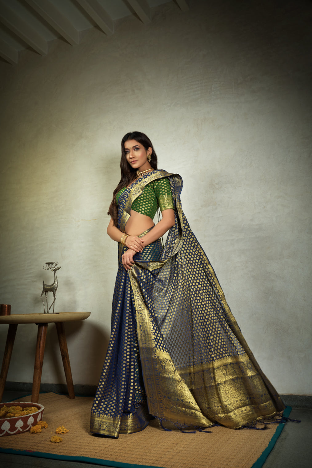 Vardha Indigo Blue Golden Zari Banarasi Chiffon Saree | Grocsy