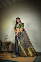 Vardha Indigo Blue Golden Zari Banarasi Chiffon Saree | Grocsy