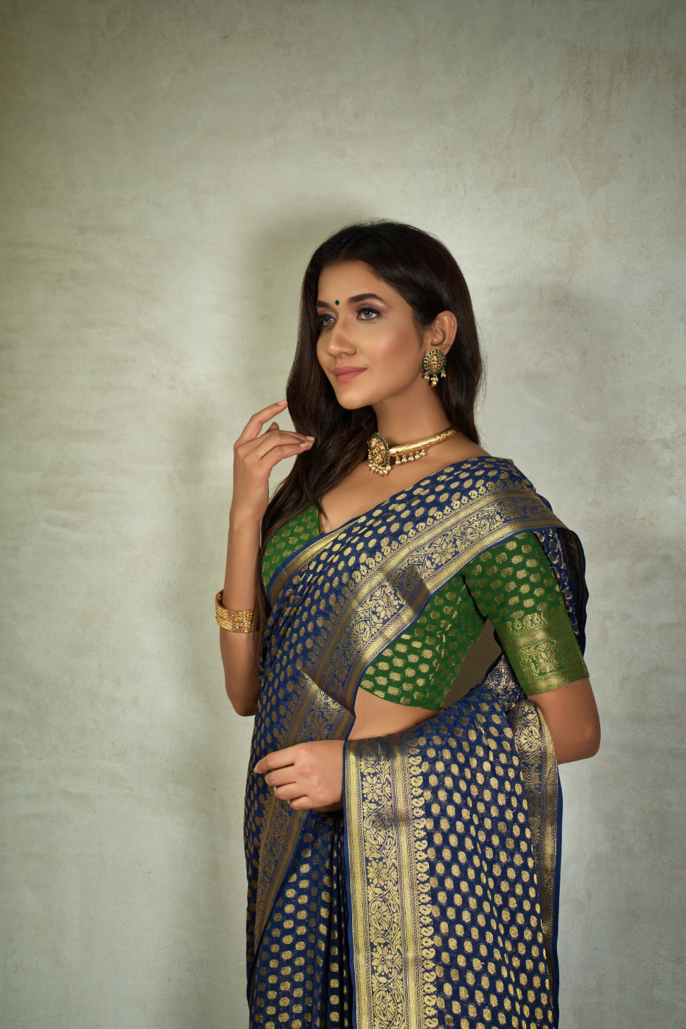 Vardha Indigo Blue Golden Zari Banarasi Chiffon Saree | Grocsy